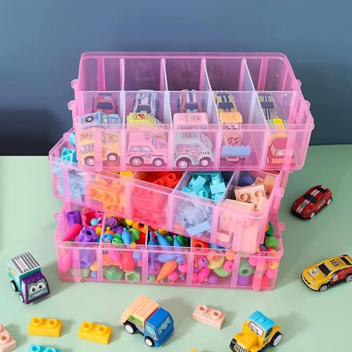 HOLLIO Plastic Storage Box 3-Tier Stackable Storage Containers with lids -30 Adjustable Compartments for Craft Organizers and Storage for Jewelry, beads,beauty,makeup and sewing supplies (PINK) - Image 3