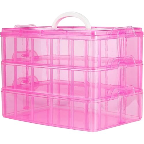 HOLLIO Plastic Storage Box 3-Tier Stackable Storage Containers with lids -30 Adjustable Compartments for Craft Organizers and Storage for Jewelry, beads,beauty,makeup and sewing supplies (PINK) - Image 1