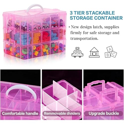 HOLLIO Plastic Storage Box 3-Tier Stackable Storage Containers with lids -30 Adjustable Compartments for Craft Organizers and Storage for Jewelry, beads,beauty,makeup and sewing supplies (PINK) - Image 2