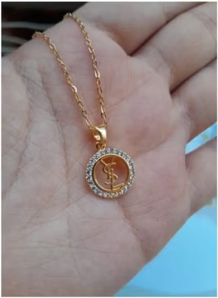 نو برانديد سلسه نسائية عصرية مطلية بالذهب بتصميم شعار متداخل دائري - مرصعة بأحجار الزركون اللامعة - سلسلة رقيقة - إكسسوار أنيق وفاخر للسيدات_ سلسله حريمي_ اكسسوارات_ اكسسوارات حريمي - مجوهرات