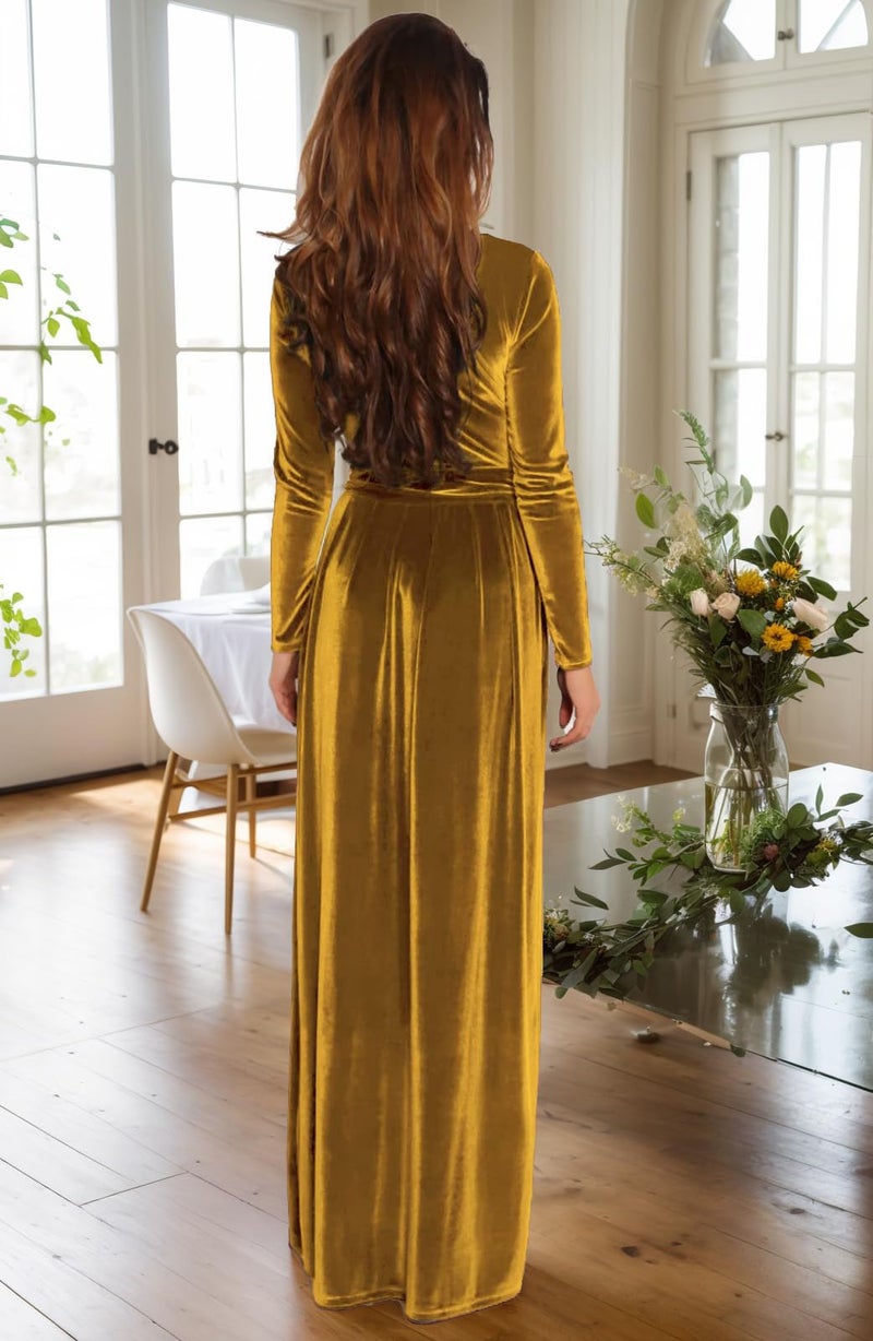 BestGirl Women's Velvet Maxi Dress Crew Neck Long Sleeve High Waist with Belt Cocktail Party Bridesmaid Dresses - Image 2