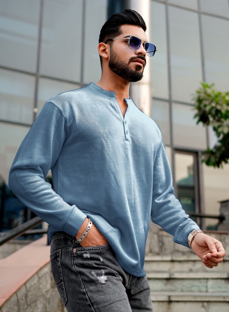 Maniac Mens Solid Henley Neck Full Sleeve Half Button Light Blue Coarse knit Sweatshirt - Image 2