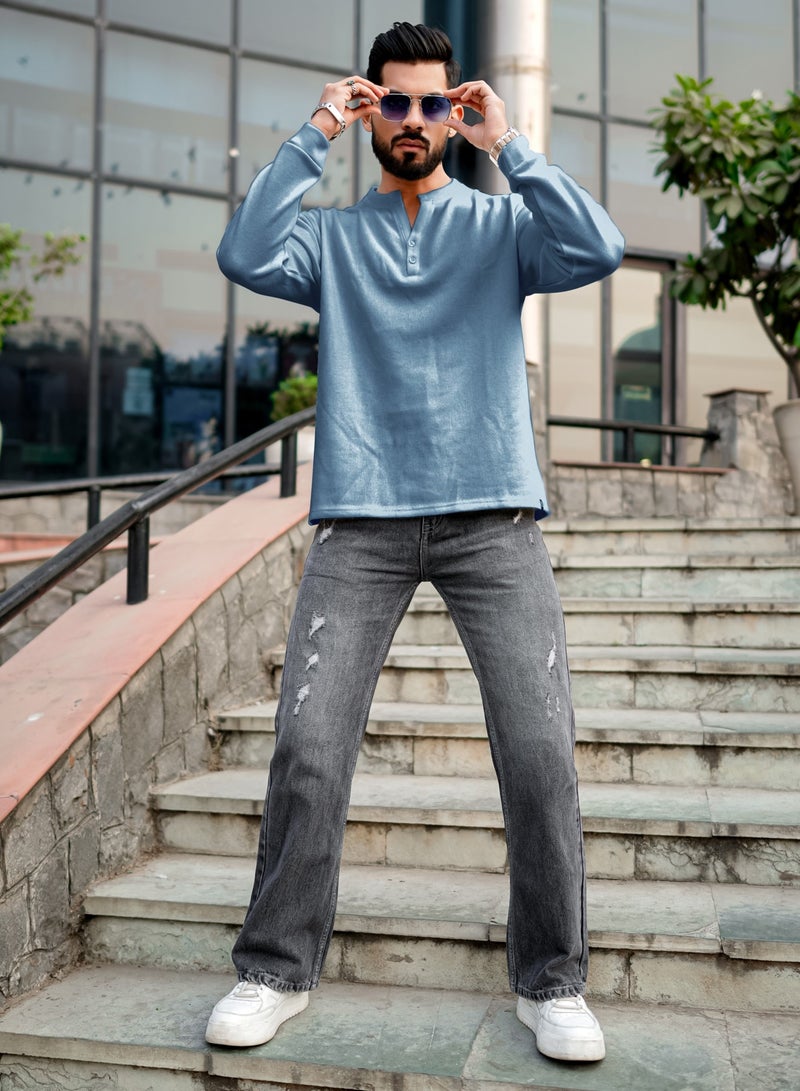 Maniac Mens Solid Henley Neck Full Sleeve Half Button Light Blue Coarse knit Sweatshirt - Image 5