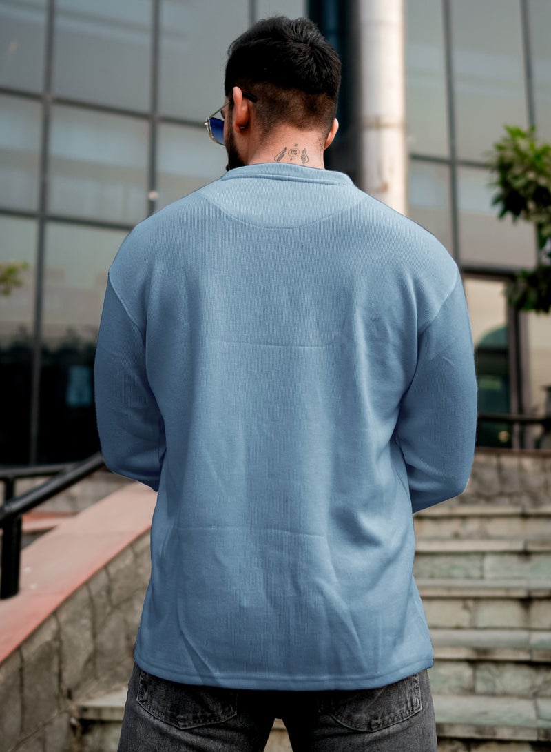 Maniac Mens Solid Henley Neck Full Sleeve Half Button Light Blue Coarse knit Sweatshirt - Image 3