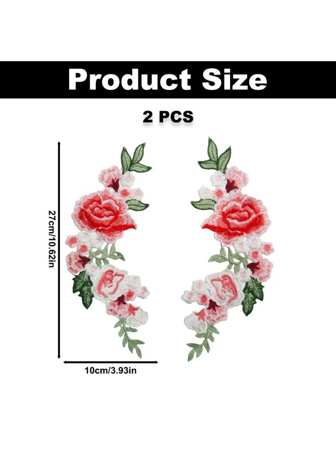 2PCS Rose Flower Sew on Patches, Pink Symmetrical Floral Appliques, Rose Sew on Emblem, Plants Embroidery Patches for Clothes Dresses Bags Jeans Jacket T-Shirts DIY Sewing Craft Decoration - Image 2