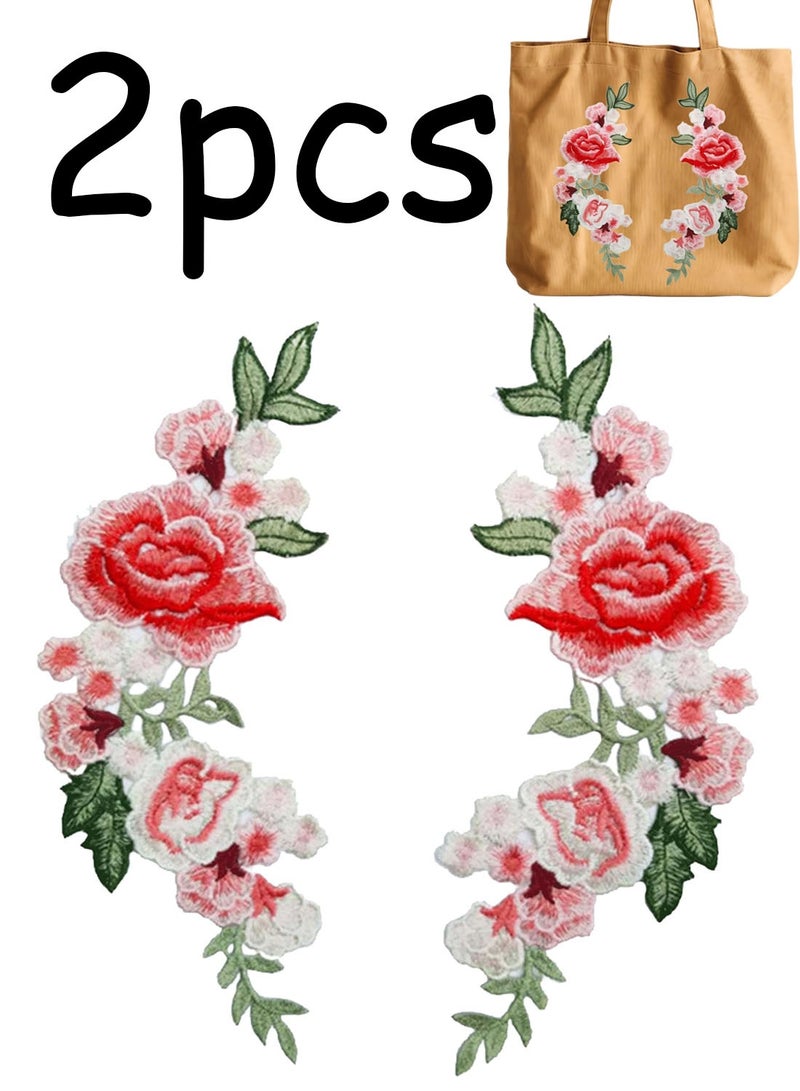 2PCS Rose Flower Sew on Patches, Pink Symmetrical Floral Appliques, Rose Sew on Emblem, Plants Embroidery Patches for Clothes Dresses Bags Jeans Jacket T-Shirts DIY Sewing Craft Decoration - Image 1