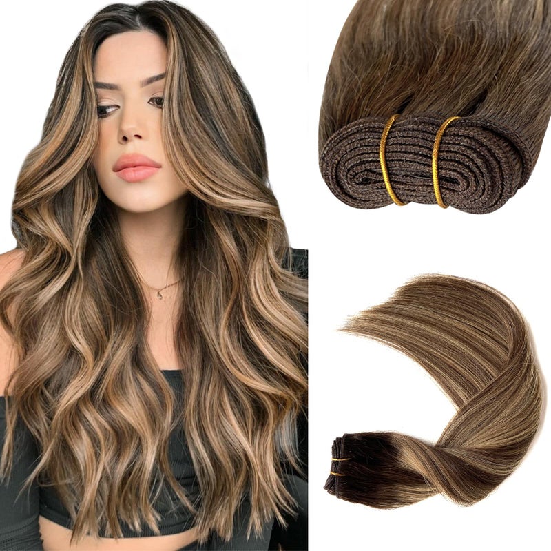 Sew in Hair Extensions Real Human Hair Weft Hair Extensions Human Hair Bundles 16Inch 100G Ombre Brown Balayage Caramel Blonde Hair Extensions Real Human Hair Hand Tied Weft Weave Sew in Extensions