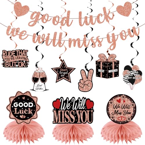 Uiorgui Going Away Party Decorations, Good Luck We Will Miss You Decorations Banner Farewell Decorations Party Supplies Retirement Goodbye Party Decor Table Centerpieces Hanging Swirls, Black Rose Gold - Image 1