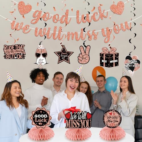 Uiorgui Going Away Party Decorations, Good Luck We Will Miss You Decorations Banner Farewell Decorations Party Supplies Retirement Goodbye Party Decor Table Centerpieces Hanging Swirls, Black Rose Gold - Image 4