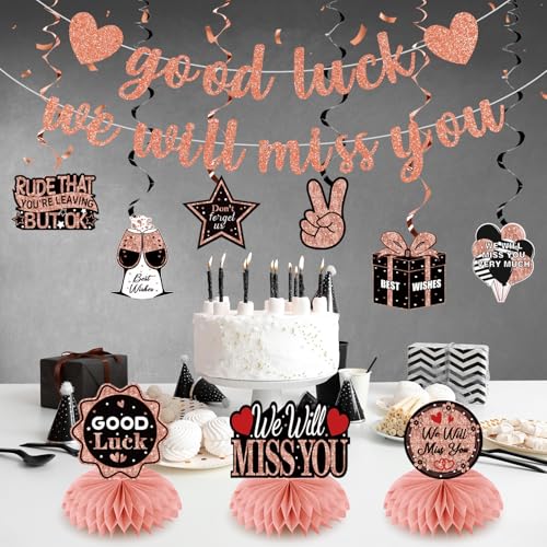 Uiorgui Going Away Party Decorations, Good Luck We Will Miss You Decorations Banner Farewell Decorations Party Supplies Retirement Goodbye Party Decor Table Centerpieces Hanging Swirls, Black Rose Gold - Image 3