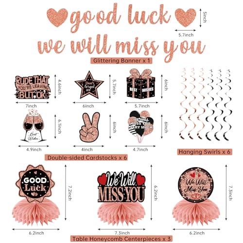 Uiorgui Going Away Party Decorations, Good Luck We Will Miss You Decorations Banner Farewell Decorations Party Supplies Retirement Goodbye Party Decor Table Centerpieces Hanging Swirls, Black Rose Gold - Image 2