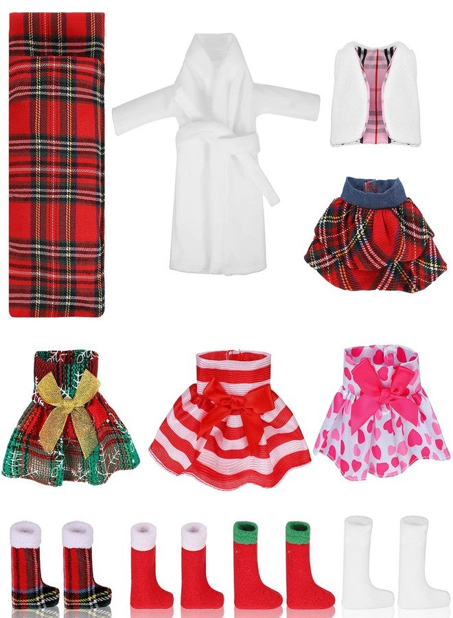 Zhanmai 11 Pieces Christmas Doll Clothes Clothing Christmas Accessory Set for Doll Include Plaid Skirt Dress Fluffy Vest Xmas Nightgown Sleeping Bag Sock - Image 1