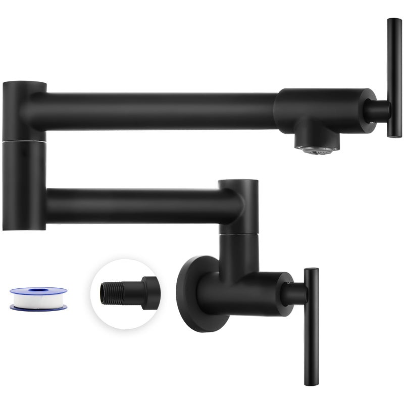 Heyalan Heyalan Pot Filler 19 Inch Wall Mount Folding Stretchable Kitchen Restaurant Faucet Stainless Steel Pot Filler Double Joint Swing Arm Two Handles Commercial NPT,T-Shaped Handle,Matte Black  - Image 1