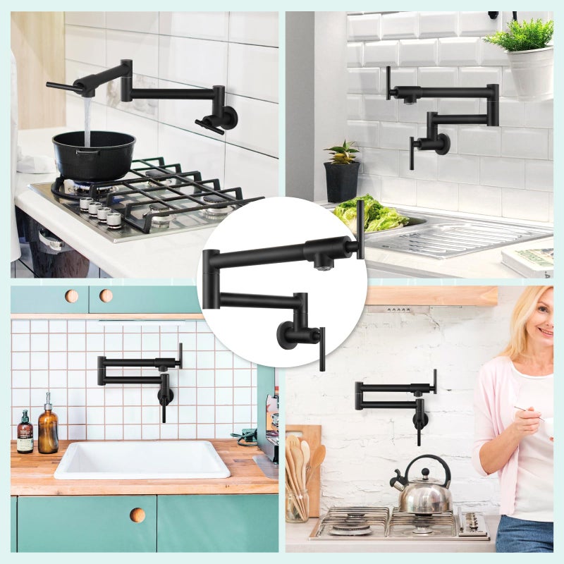 Heyalan Heyalan Pot Filler 19 Inch Wall Mount Folding Stretchable Kitchen Restaurant Faucet Stainless Steel Pot Filler Double Joint Swing Arm Two Handles Commercial NPT,T-Shaped Handle,Matte Black  - Image 2