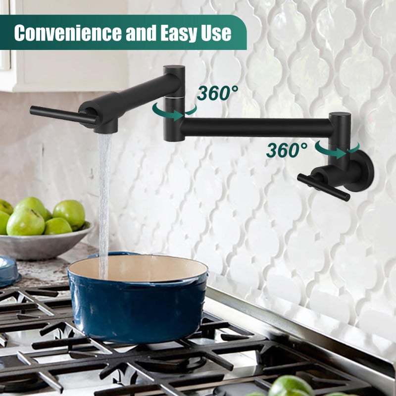 Heyalan Heyalan Pot Filler 19 Inch Wall Mount Folding Stretchable Kitchen Restaurant Faucet Stainless Steel Pot Filler Double Joint Swing Arm Two Handles Commercial NPT,T-Shaped Handle,Matte Black  - Image 5