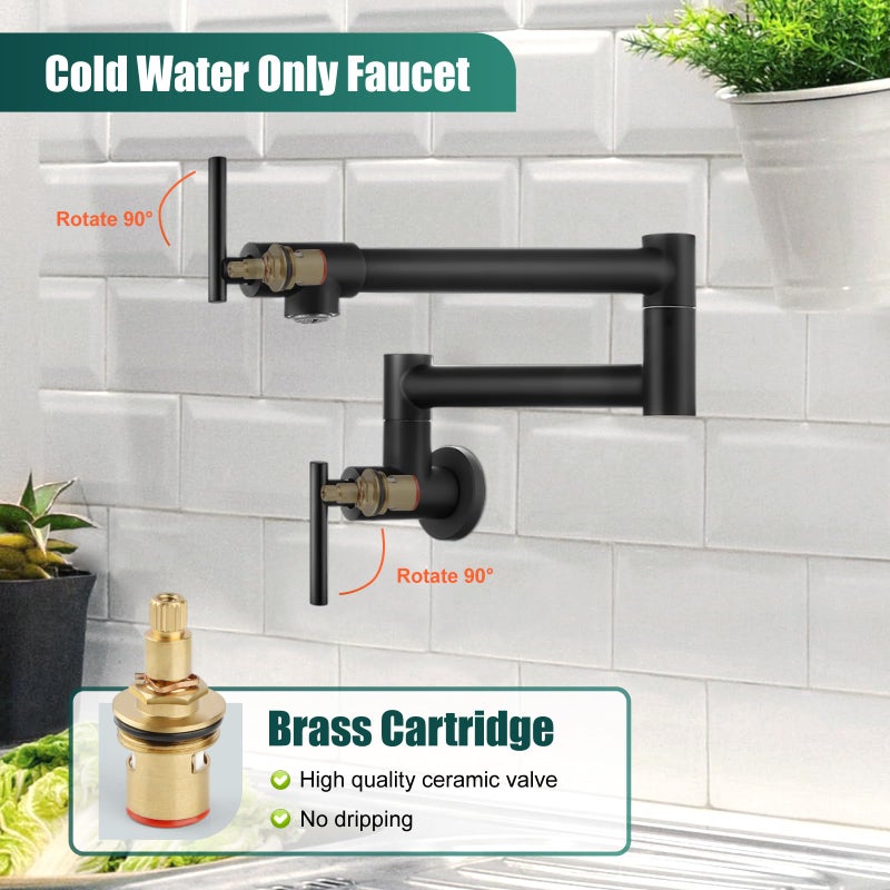 Heyalan Heyalan Pot Filler 19 Inch Wall Mount Folding Stretchable Kitchen Restaurant Faucet Stainless Steel Pot Filler Double Joint Swing Arm Two Handles Commercial NPT,T-Shaped Handle,Matte Black  - Image 4