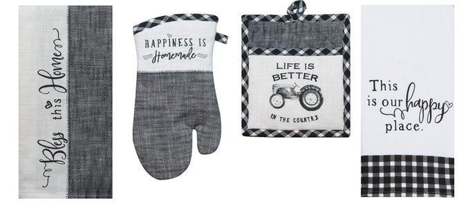 4 PIECE BLACK AND WHITE FARMHOUSE COUNTRY KITCHEN LINEN SET 2 TOWELS OVEN MITT AND POCKET POT HOLDER