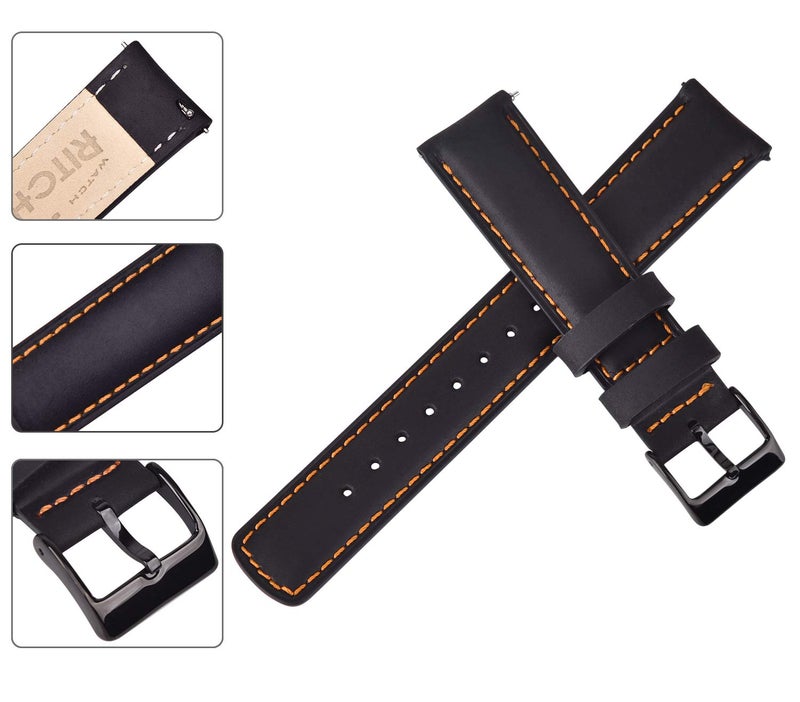Ritche Quick Release Leather Watch Band 18mm 19mm 20mm 21mm 22mm 23mm 24mm Leather Watch Strap, Black & Orange & Black, 22 mm, Classic - Image 4