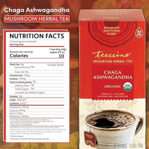 Teeccino Chaga Ashwagandha Tea  Butterscotch Cream  Organic Mushroom Adaptogenic Herbal Tea 3x More Herbs than Regular Tea Bags Prebiotic Caffeine Free Gluten Free  25 TeaBags - Image 5