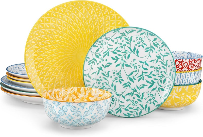 vancasso Selene Dinner Set for 4, 12 Pieces Porcelain Colorful Plates and Bowls Set Kitchen Dinnerware Sets Crockery Set, Mircowave and Dishwasher Safe Dishes Set - Image 1