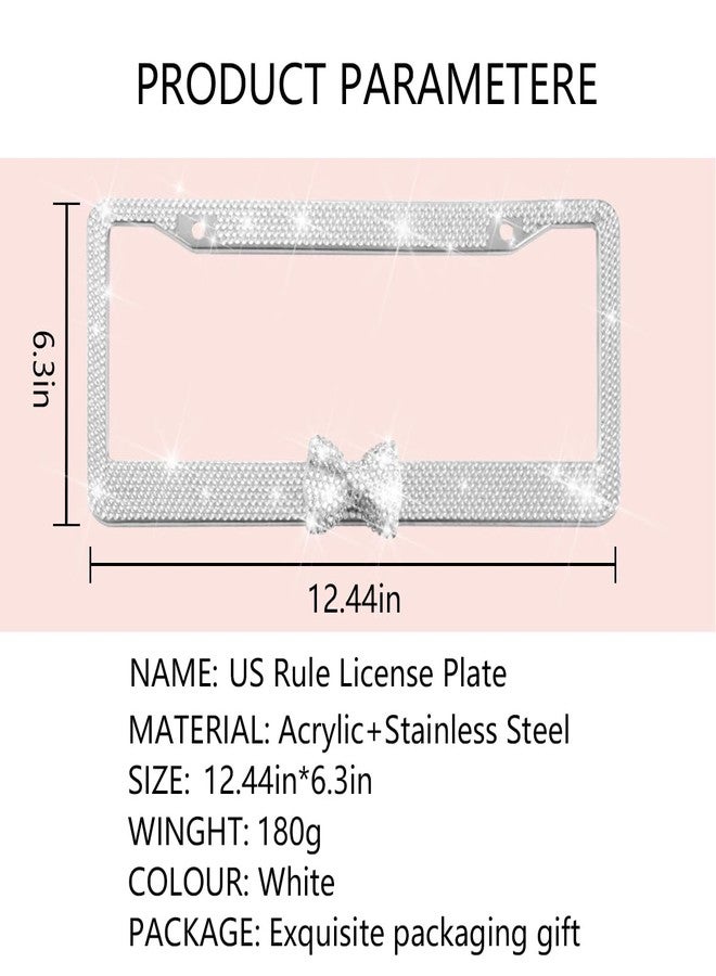 Sandfren Bling Car License Plate Frame, 2PCS Crystal Rhinestone Stainless Steel Vehicle Plate Holder, Glitter Diamond Sparkly Auto Plate Tag Cover Accessories, Universal Fit (White/White Bow) - Image 2