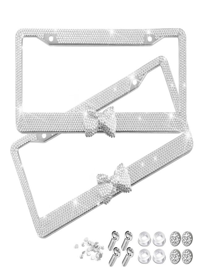 Sandfren Bling Car License Plate Frame, 2PCS Crystal Rhinestone Stainless Steel Vehicle Plate Holder, Glitter Diamond Sparkly Auto Plate Tag Cover Accessories, Universal Fit (White/White Bow) - Image 1
