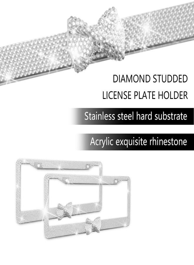 Sandfren Bling Car License Plate Frame, 2PCS Crystal Rhinestone Stainless Steel Vehicle Plate Holder, Glitter Diamond Sparkly Auto Plate Tag Cover Accessories, Universal Fit (White/White Bow) - Image 3