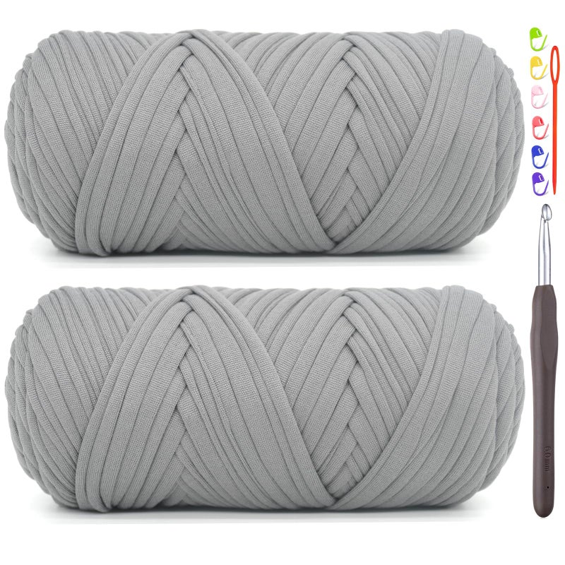 JOYTAG 2 Pack Tshirt Yarn for CrochetingGrey T Shirt Chunky Elastic Fabric Thick TShirt Crochet Yarn for Beginners Crocheting Hand Knitting BagBasketCoastersDIY CraftsHome Decor 2 200GGrey - Image 2