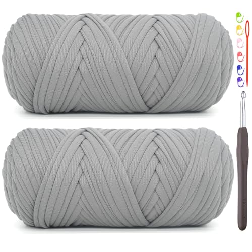 JOYTAG 2 Pack Tshirt Yarn for CrochetingGrey T Shirt Chunky Elastic Fabric Thick TShirt Crochet Yarn for Beginners Crocheting Hand Knitting BagBasketCoastersDIY CraftsHome Decor 2 200GGrey - Image 1