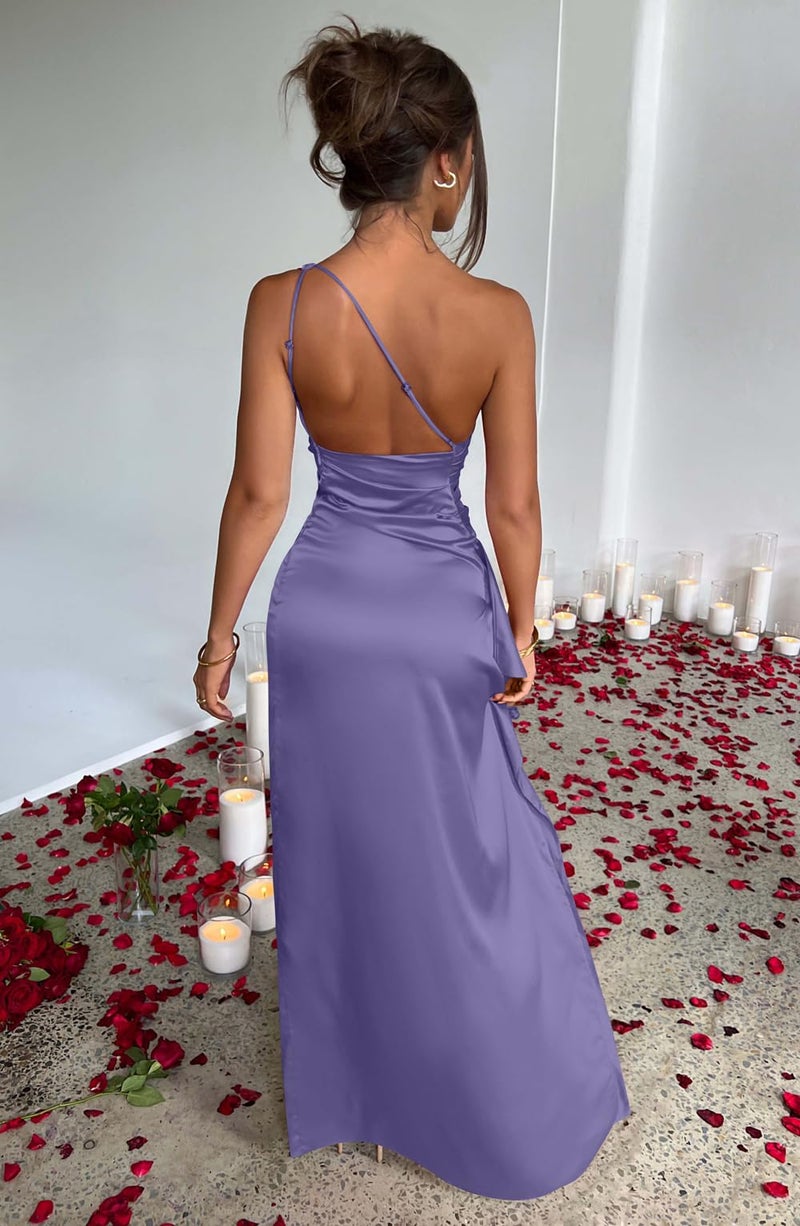 Memoriesea Women's Sexy One Shoulder Satin High Split Cocktail Wedding Party Maxi Dress Purple - Image 5