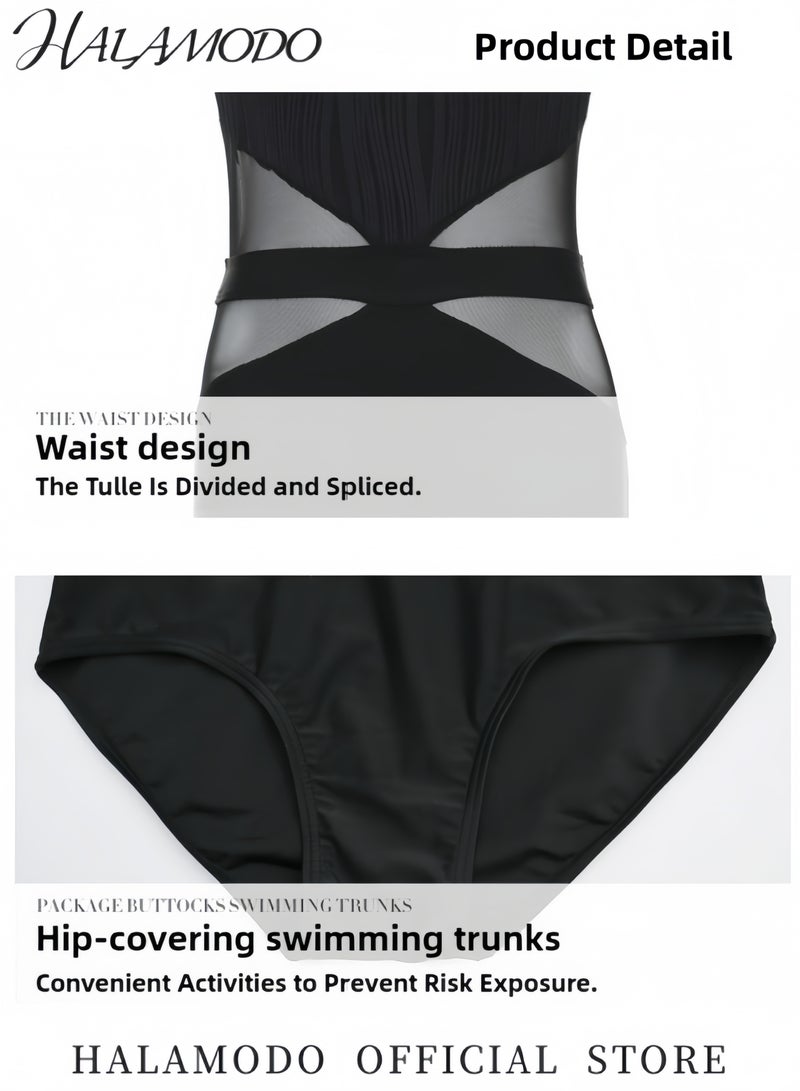 هالامودو ملابس سباحة نسائية قطعة واحدة قابلة للتنفس بدون ظهر مع وسادة صدر ورقبة متدلية ورقبة دائرية ملابس سباحة محافظة للشاطئ وحمام السباحة - Image 2