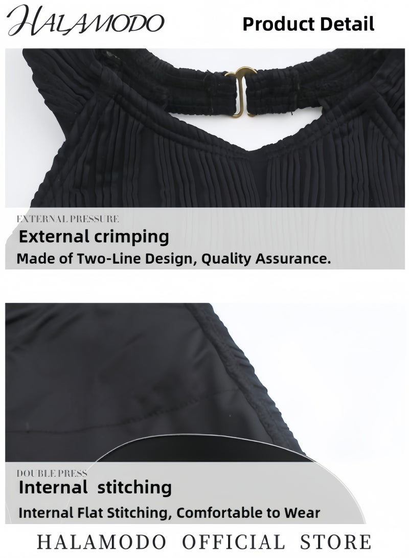 هالامودو ملابس سباحة نسائية قطعة واحدة قابلة للتنفس بدون ظهر مع وسادة صدر ورقبة متدلية ورقبة دائرية ملابس سباحة محافظة للشاطئ وحمام السباحة - Image 3