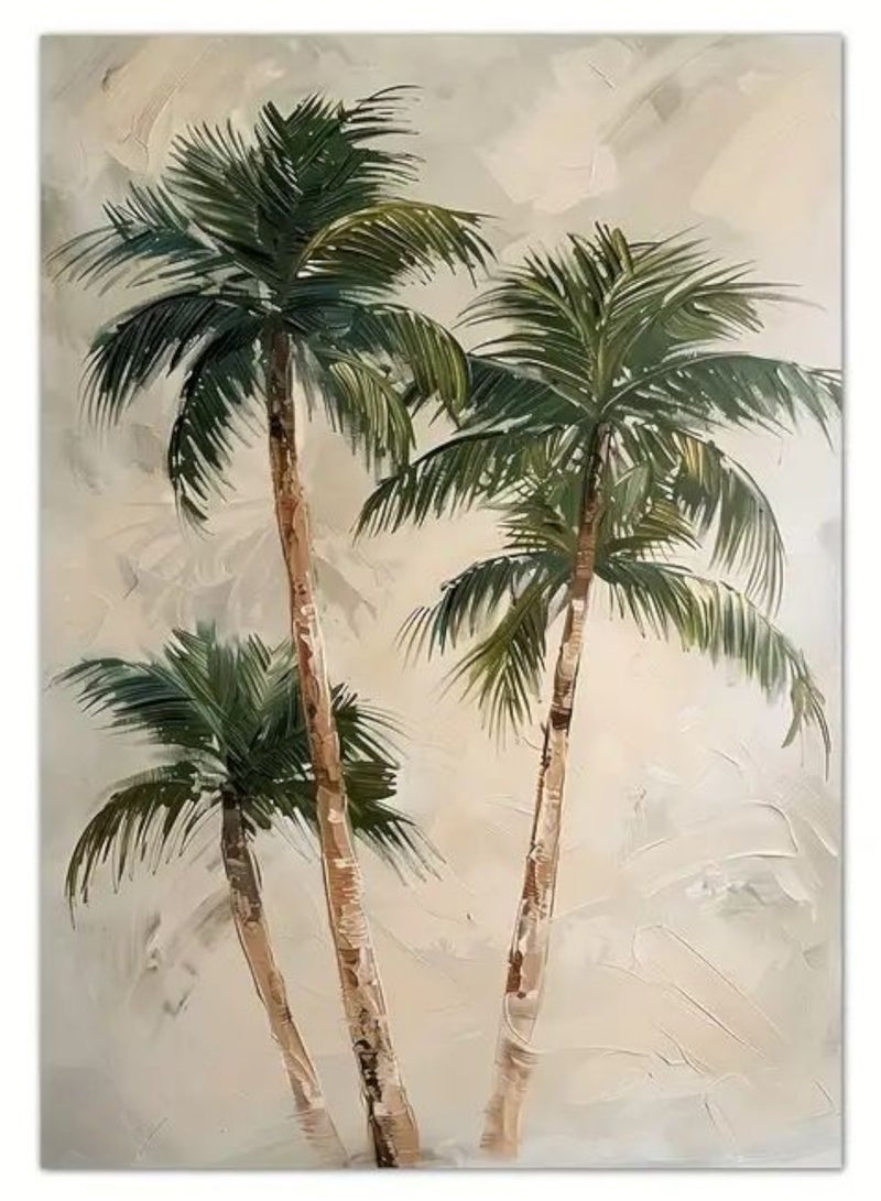 A modern, beautiful, elegant, watercolor canvas wall art, a soft, sophisticated picture of a group of palm trees, an Arabic-inspired color, a bright and relaxing painting. The painting, without any frame, is considered an elegant decorative element for the home or even in the hotel corridors, bedroom, guest room, meeting room, Bedouin tent, office, popular cafe, old traditional restaurants, hospital corridors, in the kitchen, next to the coffee corner, or an ideal artistic gift for special people. It can be given to a person in the old mud house council, or to an elderly man or woman, or in Ramadan. You can add a wooden frame to it, or you can even hang the painting with clips without any frame. Its size is 50*70 cm without a frame  - Image 1