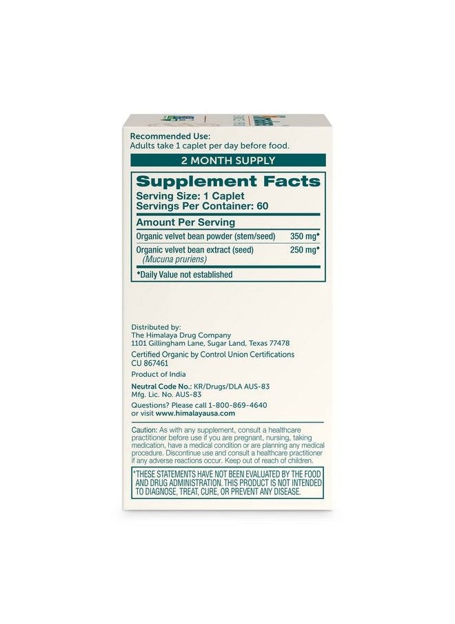 Organic Mucuna Pruriens / Kapikachhu Equivalent To 3706 Of Mucuna Pruriens Powder For Calm & Relaxation 60 Count (Pack Of 1) Caplets