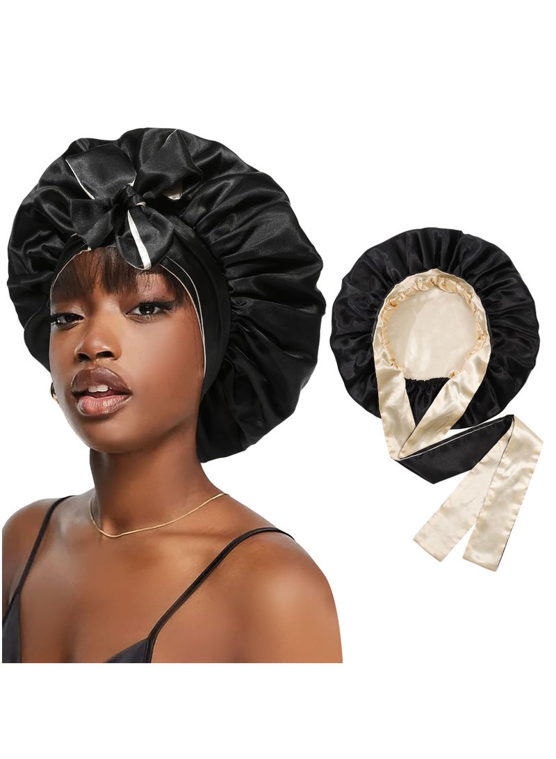Excefore Satin Bonnet Silk Sleep Cap Hair Bonnets for Women Stretchy Tie Band Hair Cap for Curly Hair Silk Hair Wrap(Champagne+Black) - Image 1