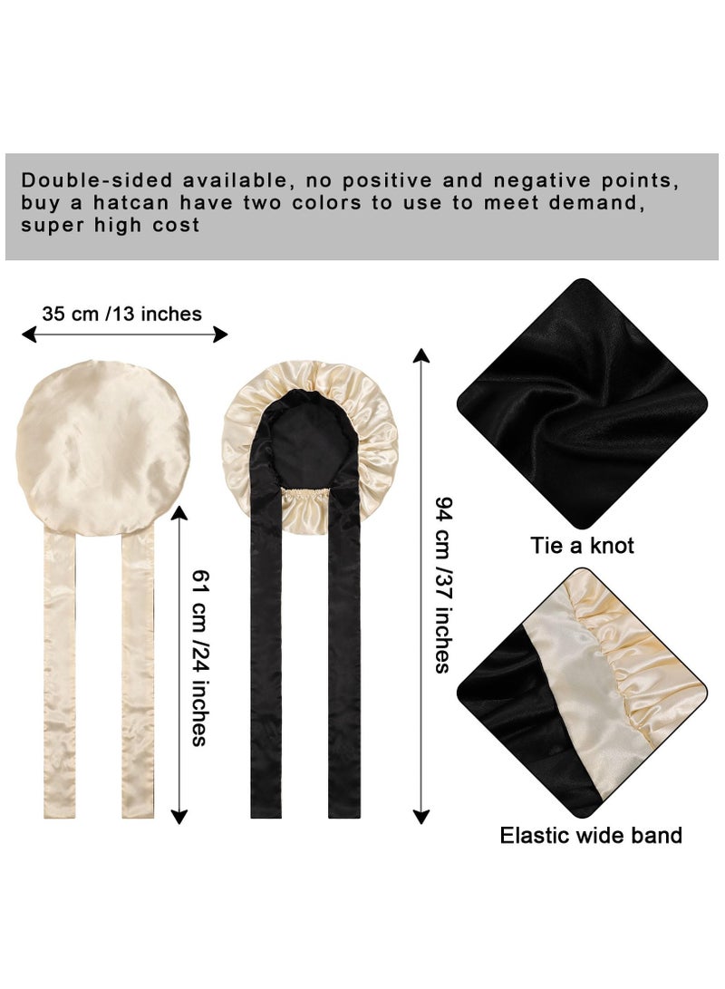 Excefore Satin Bonnet Silk Sleep Cap Hair Bonnets for Women Stretchy Tie Band Hair Cap for Curly Hair Silk Hair Wrap(Champagne+Black) - Image 3