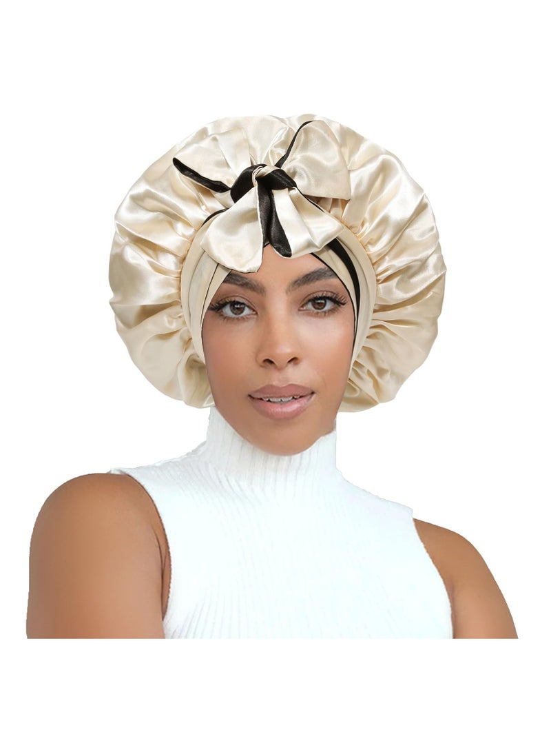 Excefore Satin Bonnet Silk Sleep Cap Hair Bonnets for Women Stretchy Tie Band Hair Cap for Curly Hair Silk Hair Wrap(Champagne+Black) - Image 2