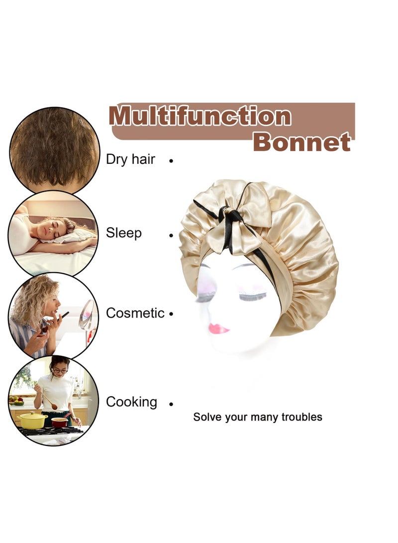 Excefore Satin Bonnet Silk Sleep Cap Hair Bonnets for Women Stretchy Tie Band Hair Cap for Curly Hair Silk Hair Wrap(Champagne+Black) - Image 5