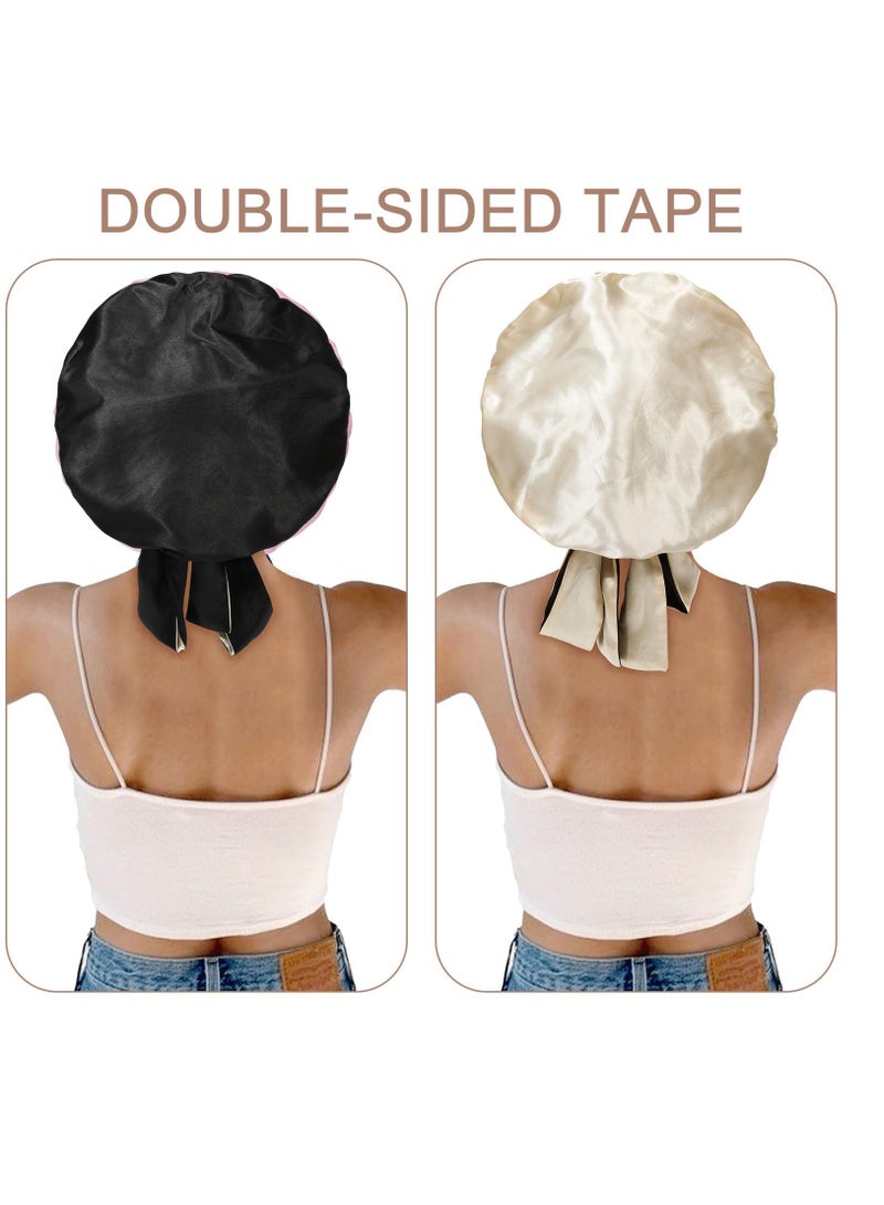 Excefore Satin Bonnet Silk Sleep Cap Hair Bonnets for Women Stretchy Tie Band Hair Cap for Curly Hair Silk Hair Wrap(Champagne+Black) - Image 4