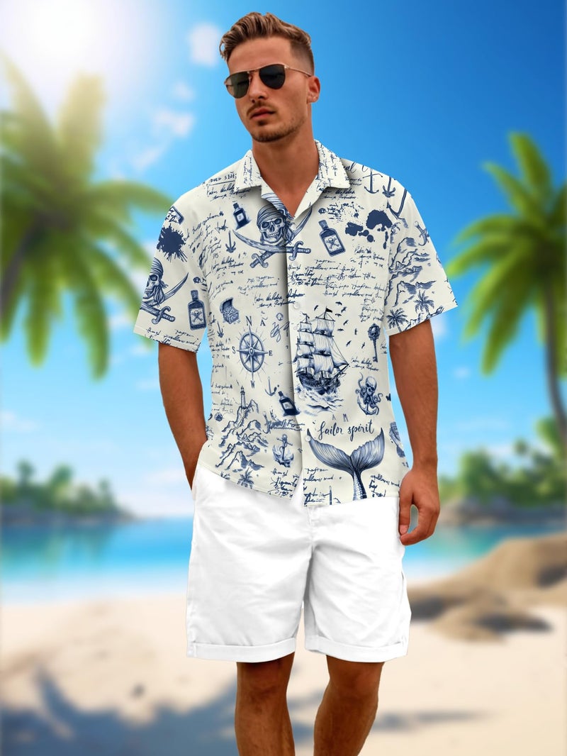 DFZ Pirate Button Down for Men Nautical Hawaiian Shirt with Anchor Design for Pirate Night Cruise Outfits Light Gray - Image 2