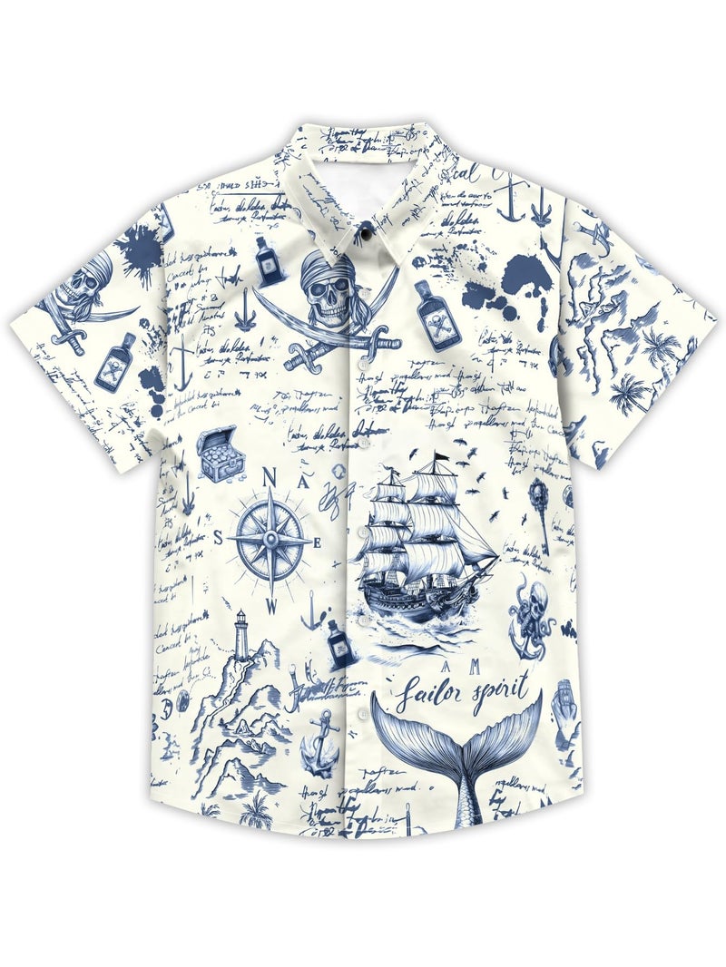 DFZ Pirate Button Down for Men Nautical Hawaiian Shirt with Anchor Design for Pirate Night Cruise Outfits Light Gray - Image 3