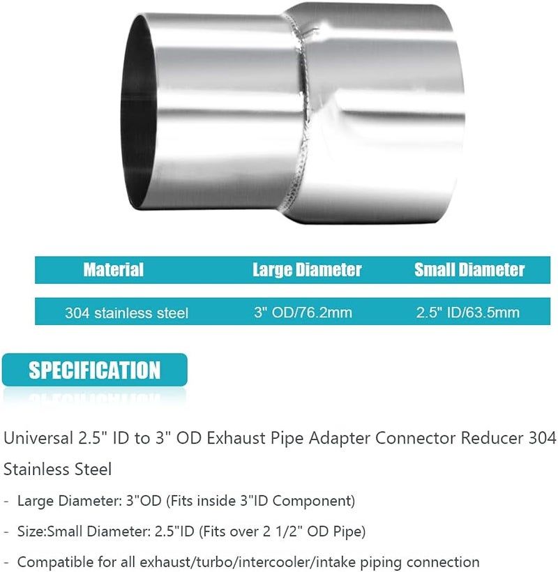 A ABIGAIL 2 Packs Universal 2.5" OD to 2.75" ID Exhaust Pipe Adapter Connector Reducer - 304 Stainless Steel - Image 3
