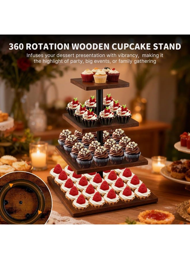 NANXITU 4 Tier Cupcake Stand for 50 Cupcakes,360 Rotatable Wooden Cake Dessert Tower Holder,Rustic Square Tiered Tray Serving Display for Wedding Birthday Baby Shower Tea Party - Image 3