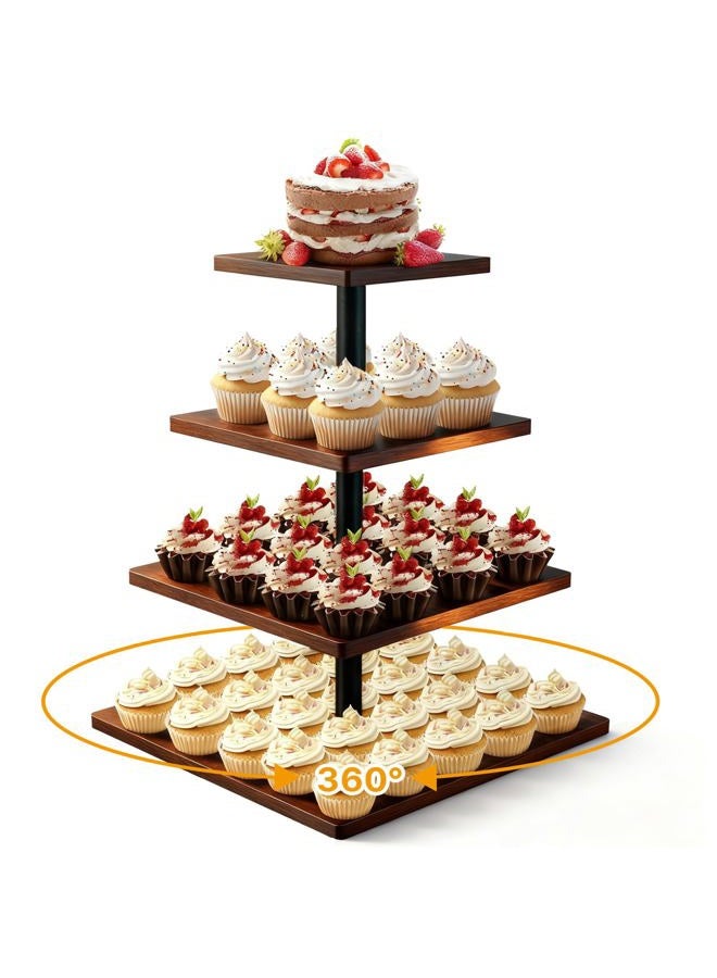 NANXITU 4 Tier Cupcake Stand for 50 Cupcakes,360 Rotatable Wooden Cake Dessert Tower Holder,Rustic Square Tiered Tray Serving Display for Wedding Birthday Baby Shower Tea Party - Image 1