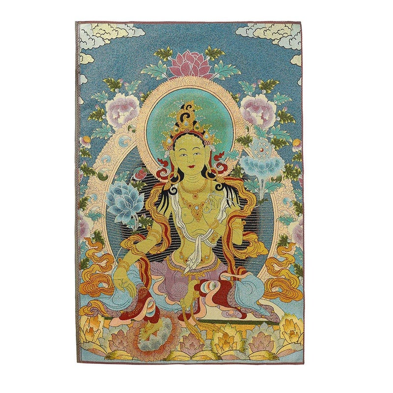 ZenBless Silk Embroidery Tibetan Thangka with Buddhism Green Tara Wall Hanging for Home Dcor Tapestry Meditation