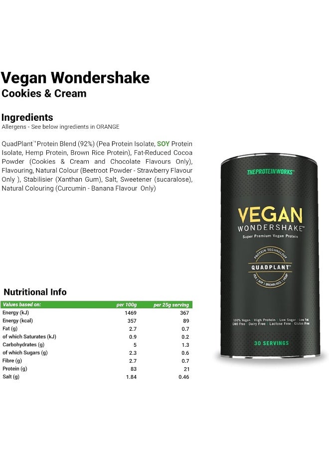 THE PROTEIN WORKS - Vegan Wondershake Protein Shake Multi Award Winning Amazing Taste 30 Servings Cookies And Cream - Image 1