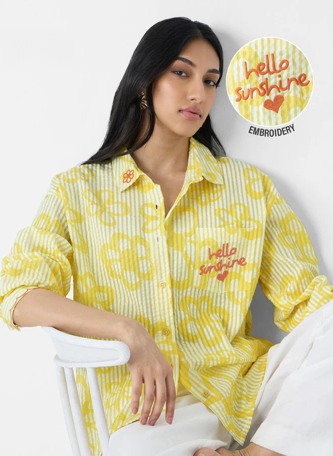 The Souled Store  The Souled Store Sunshine Women Spread Collar Embroidery Cotton Oversized Shirt  | Best Price UAE