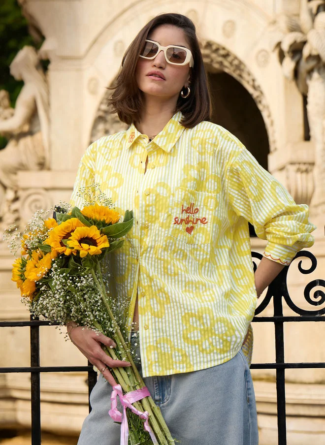 ذا سوليد ستور The Souled Store Sunshine Women Spread Collar Embroidery Cotton Oversized Shirt