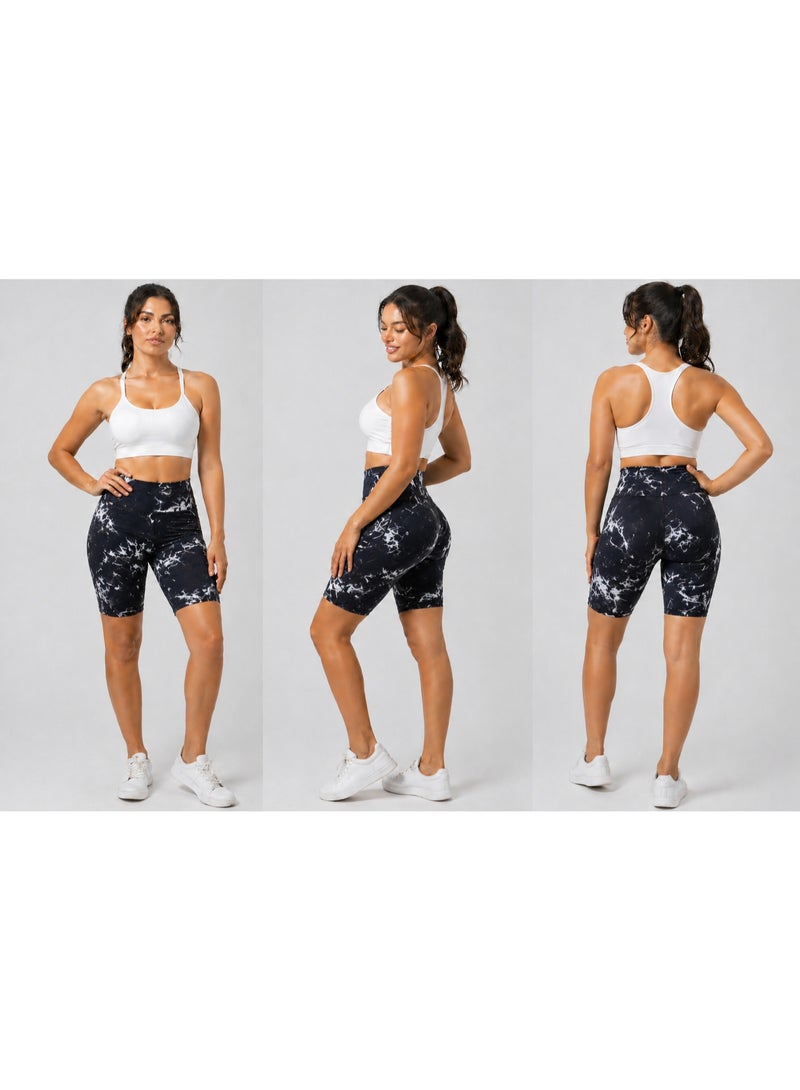Women’s High-Waisted Marble Biker Shorts – Stretchy Gym & Yoga Leggings, Tummy Control, Above Knee Length, Soft Breathable Activewear