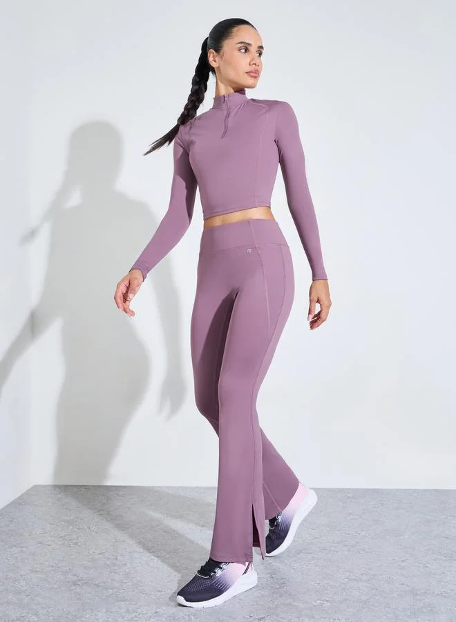 Styli Active Pink Solid Half-Zip High Neck Crop Top and Flared leggings Activewear Set